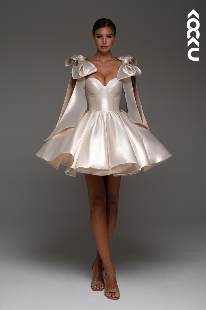 H5061 - A Line Sweetheart Pleated Satin Mini Party Dress With Bows