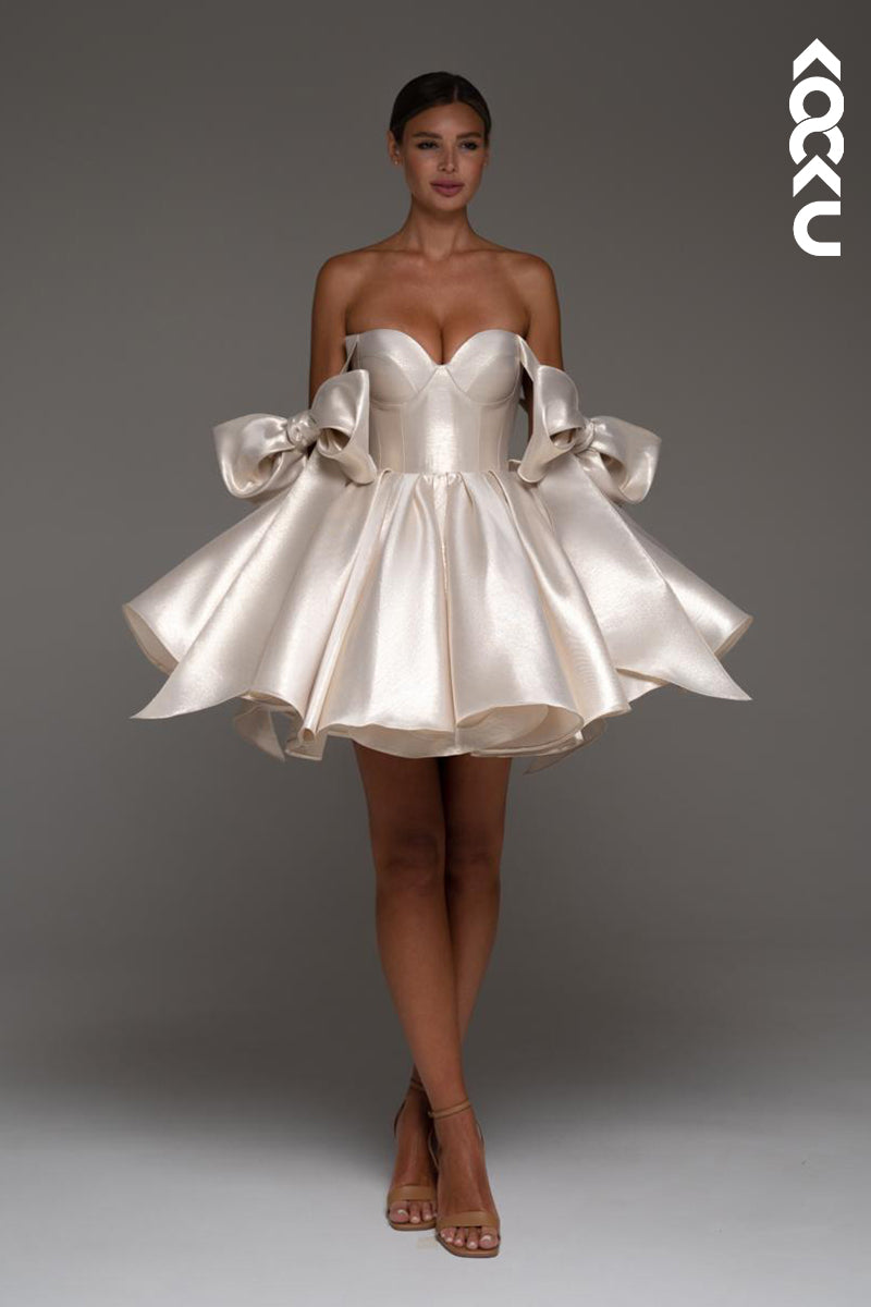 H5061 - A Line Sweetheart Pleated Satin Mini Party Dress With Bows