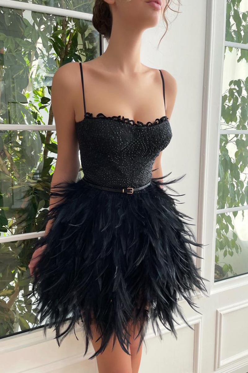 H5090 - Spaghetti Straps Feather Satin A-Line Mini Homecoming Dress