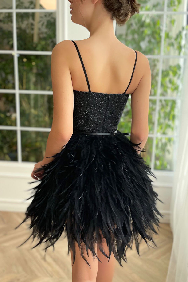 H5090 - Spaghetti Straps Feather Satin A-Line Mini Homecoming Dress