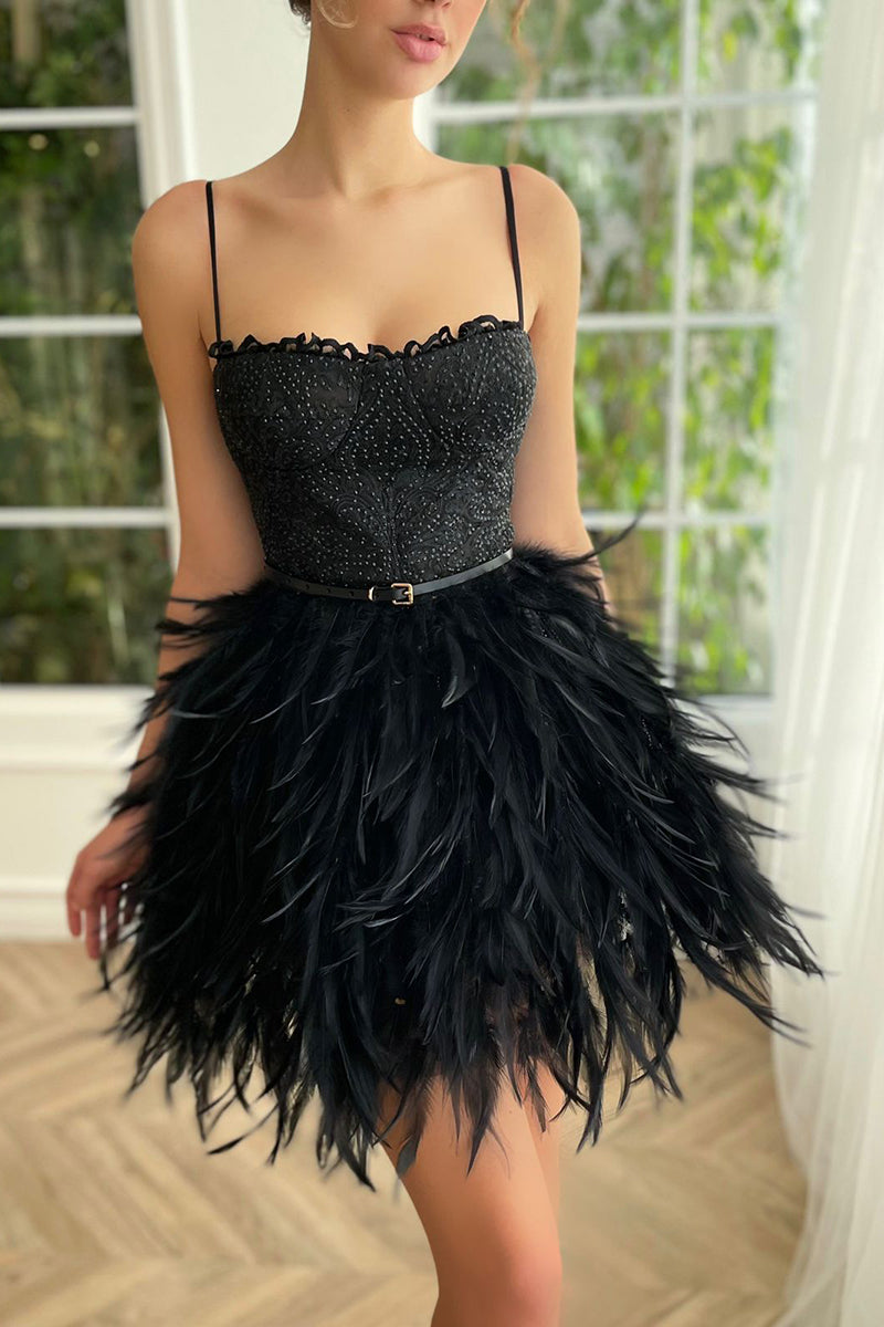 H5090 - Spaghetti Straps Feather Satin A-Line Mini Homecoming Dress