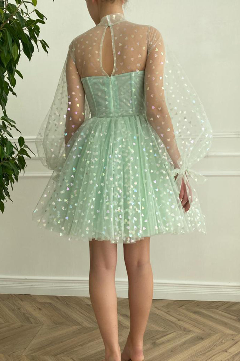 H5095 - High Neck Long Sleeves Tulle A-Line Mini Homecoming Dress