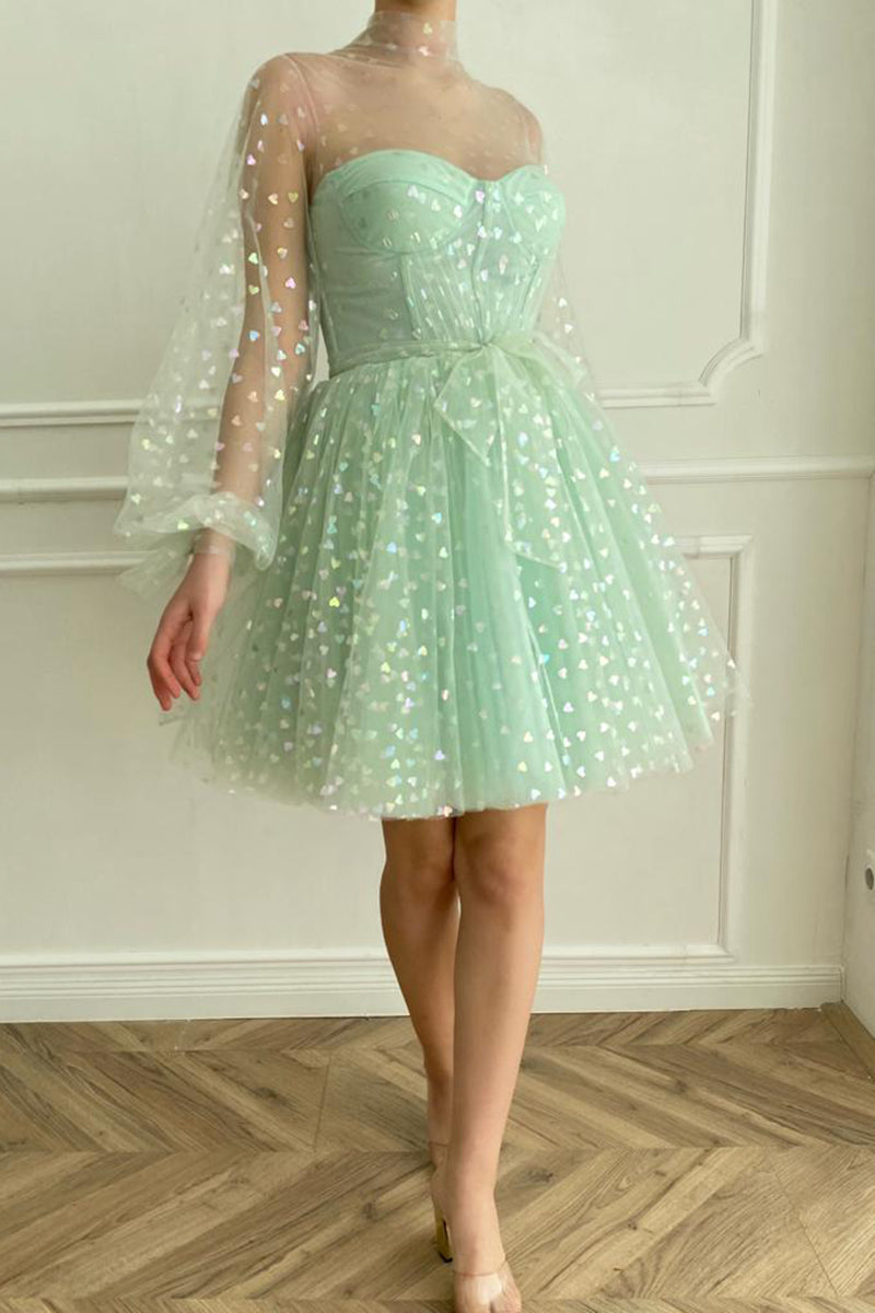 H5095 - High Neck Long Sleeves Tulle A-Line Mini Homecoming Dress