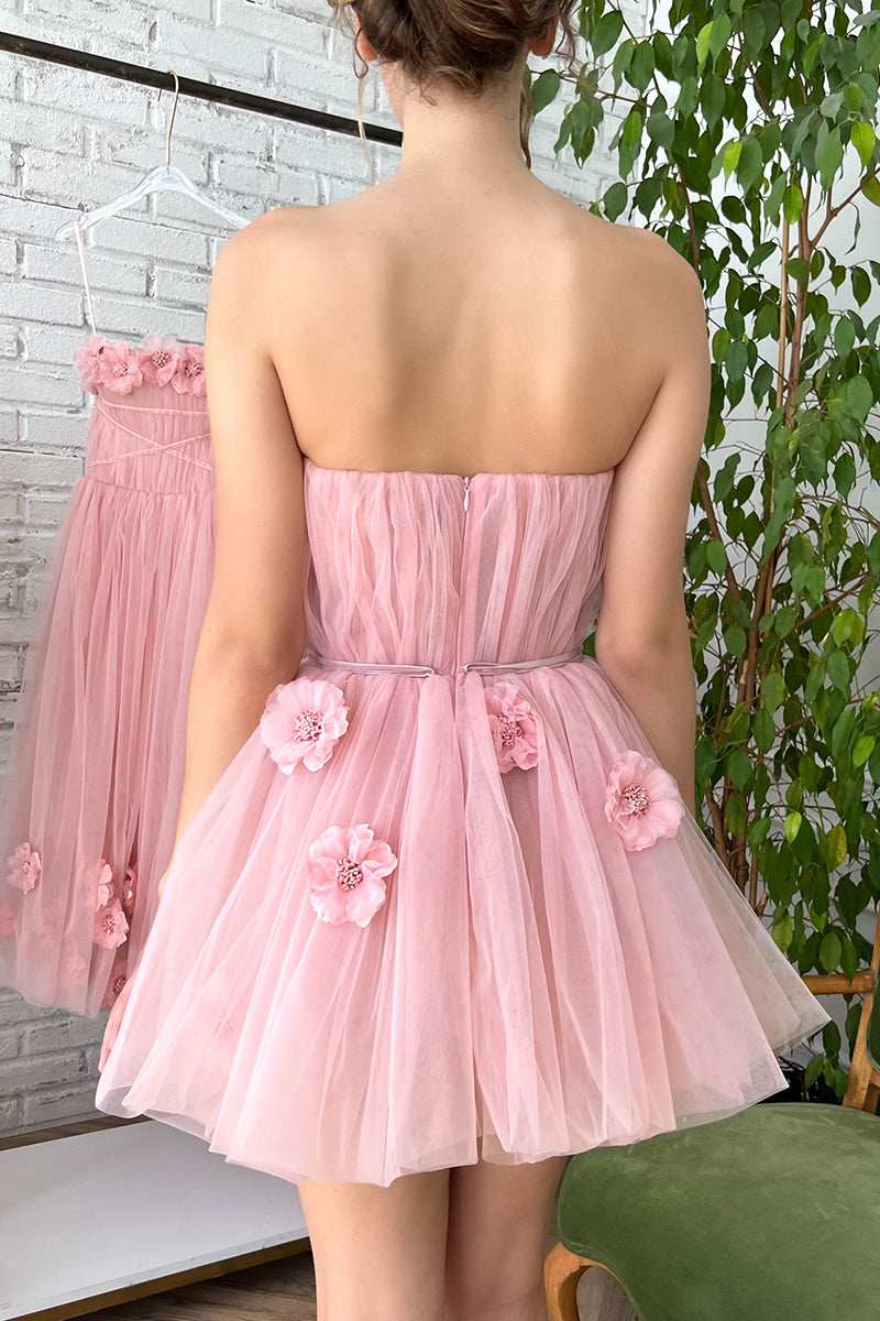 H5096 - Floral Strapless Ruched Tulle A-Line Mini Homecoming Dress