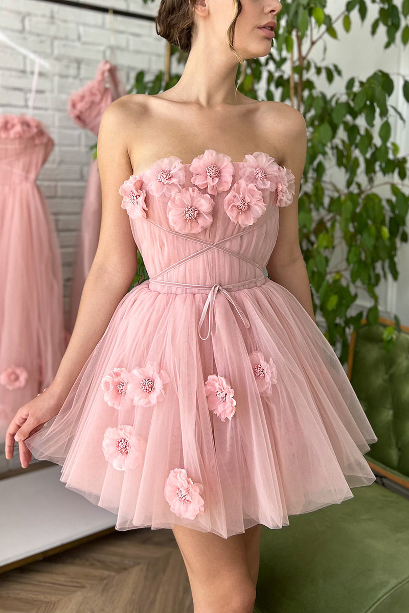 H5096 - Floral Strapless Ruched Tulle A-Line Mini Homecoming Dress