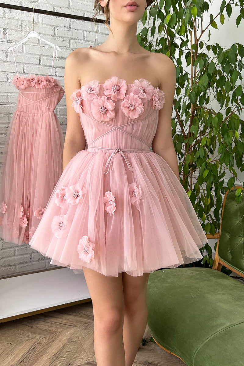 H5096 - Floral Strapless Ruched Tulle A-Line Mini Homecoming Dress