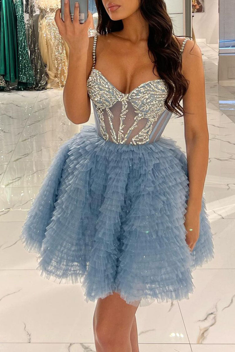 H5102 - Sweetheart Bodice Beaded Sheer Tulle A-Line Mini Homecoming Dress