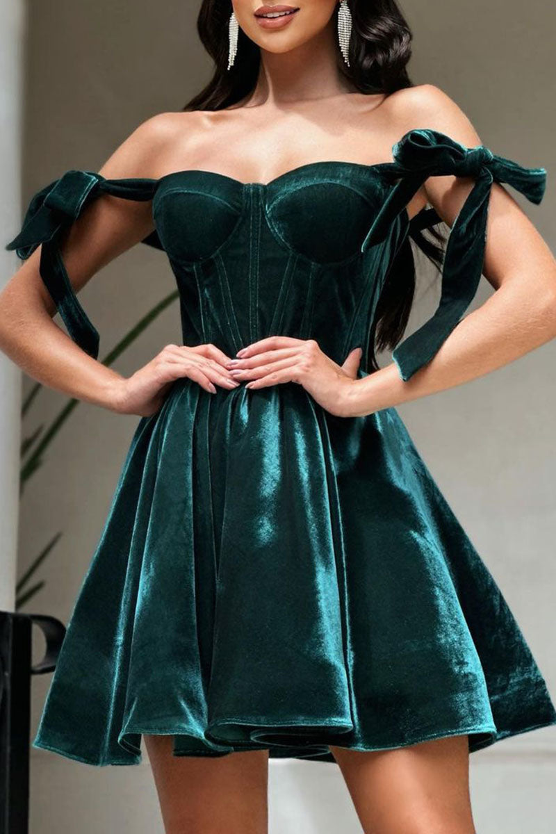 H5103 - Sweetheart Off-Shoulder Velvet A-Line Mini Homecoming Dress With Bows