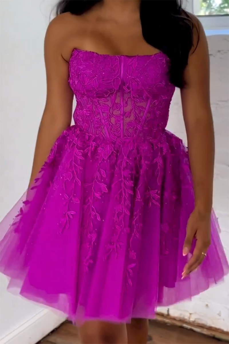 H5109 - Strapless Lace Appliqued Sheer Tulle A-Line Mini Homecoming Dress