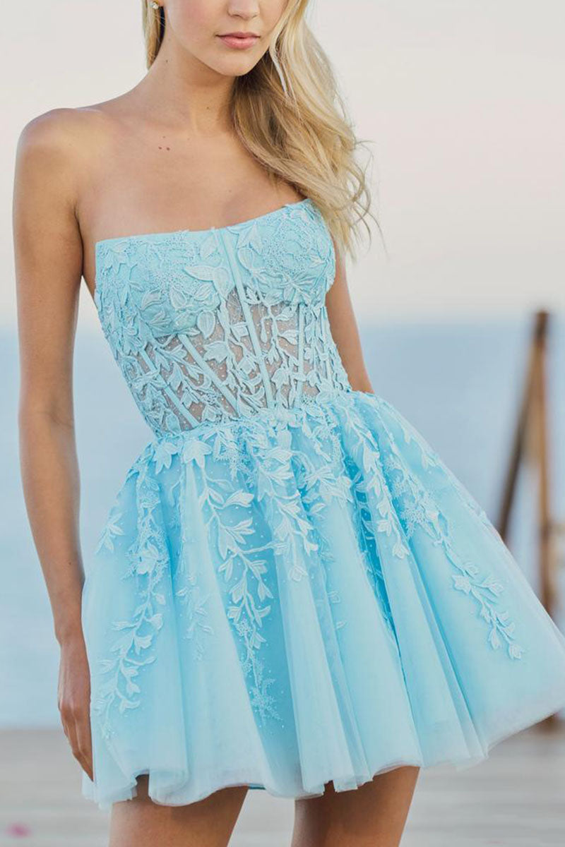 H5109 - Strapless Lace Appliqued Sheer Tulle A-Line Mini Homecoming Dress