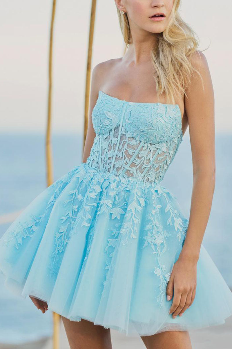 H5109 - Strapless Lace Appliqued Sheer Tulle A-Line Mini Homecoming Dress