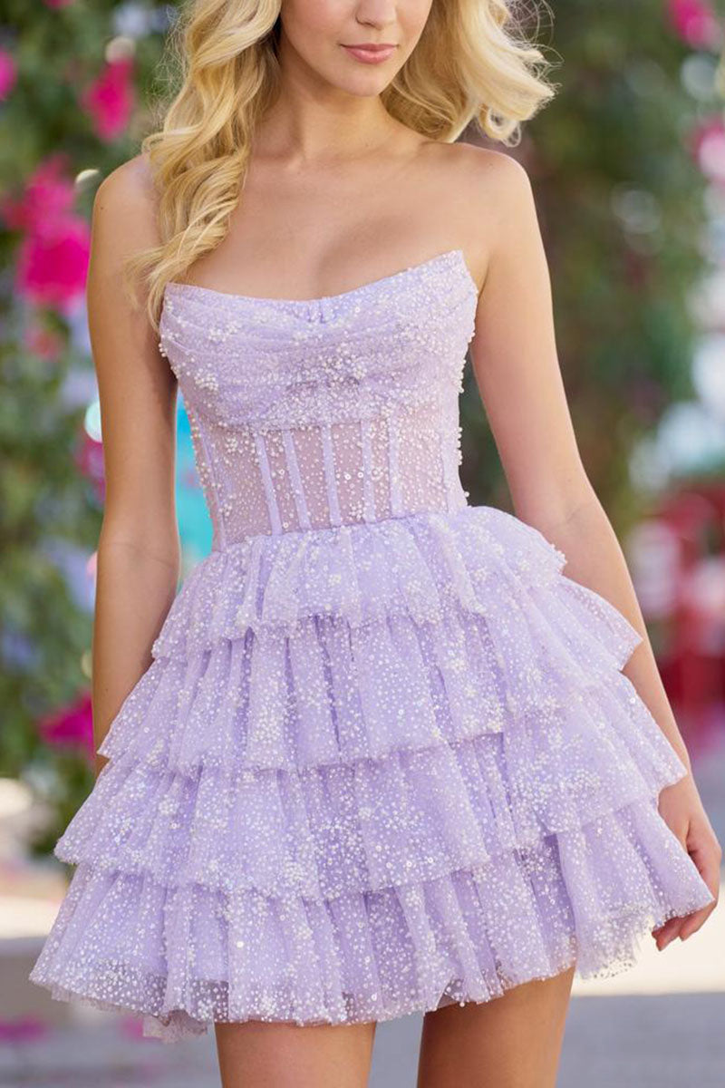 H5110 - Strapless Bodice Ruched Sheer Tulle A-Line Mini Homecoming Dress