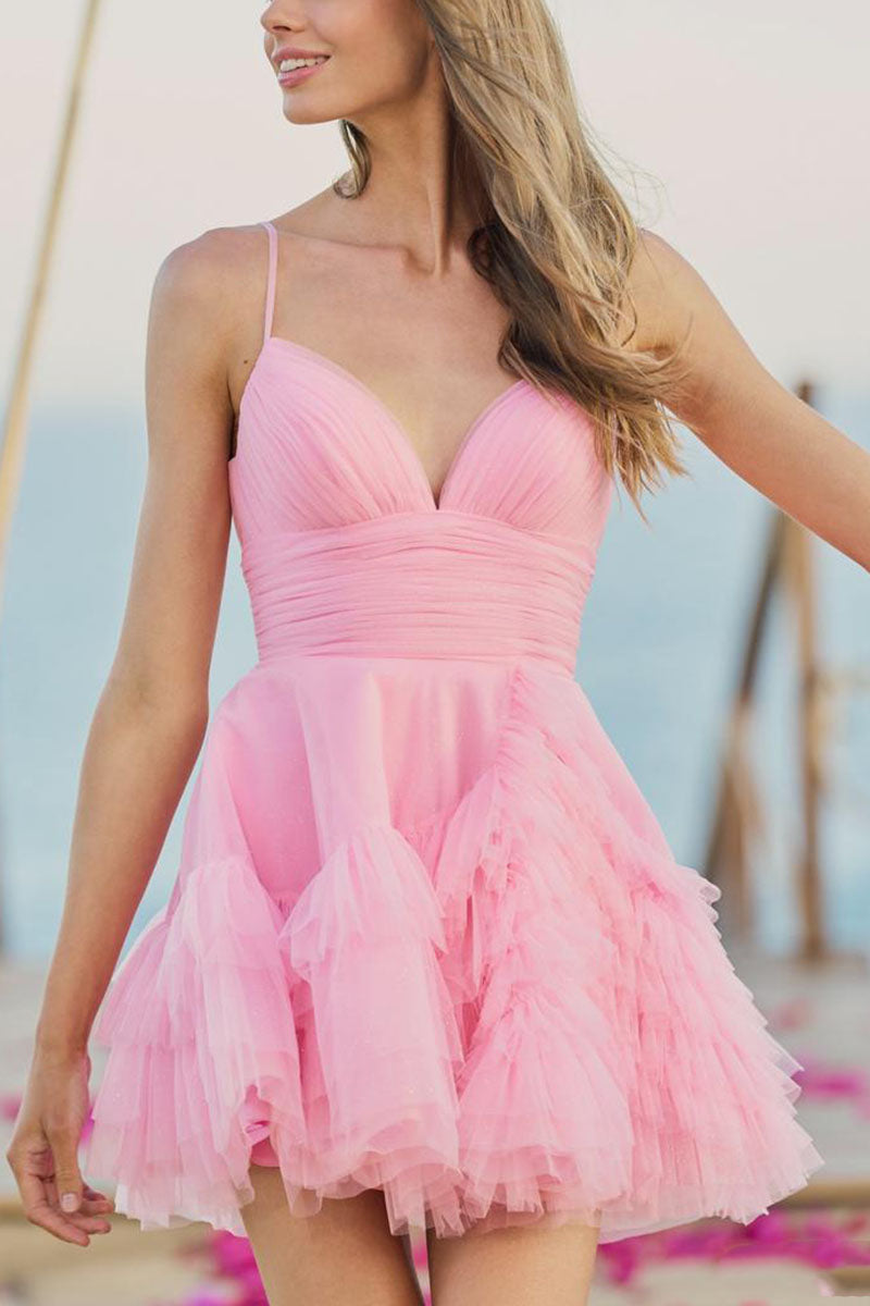 H5112 - Sweetheart Spaghetti Straps Ruched Tulle A-Line Mini Homecoming Dress