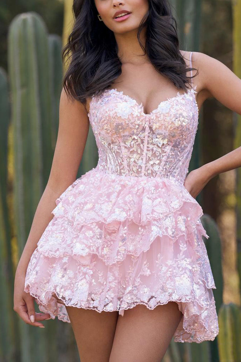 H5114 - V-Neck Spaghetti Straps Sequined Tulle A-Line Mini Homecoming Dress