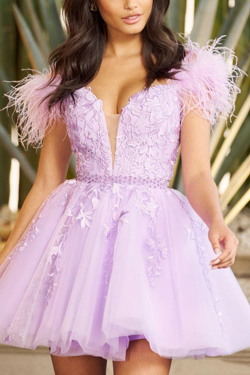 H5121 - Low V-Neck Off-Shoulder Appliqued Feather A-Line Homecoming Dress