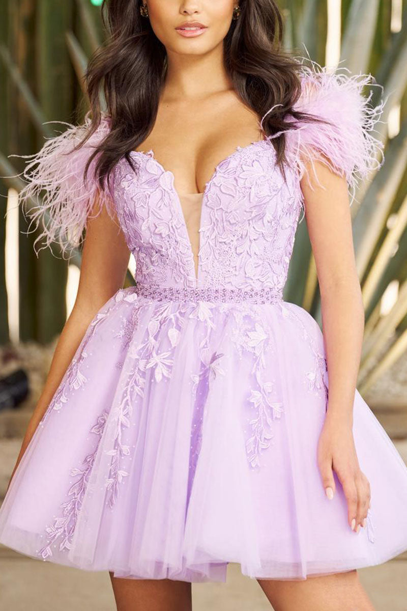 H5121 - Low V-Neck Off-Shoulder Appliqued Feather A-Line Homecoming Dress