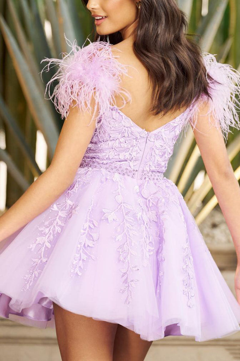 H5121 - Low V-Neck Off-Shoulder Appliqued Feather A-Line Homecoming Dress