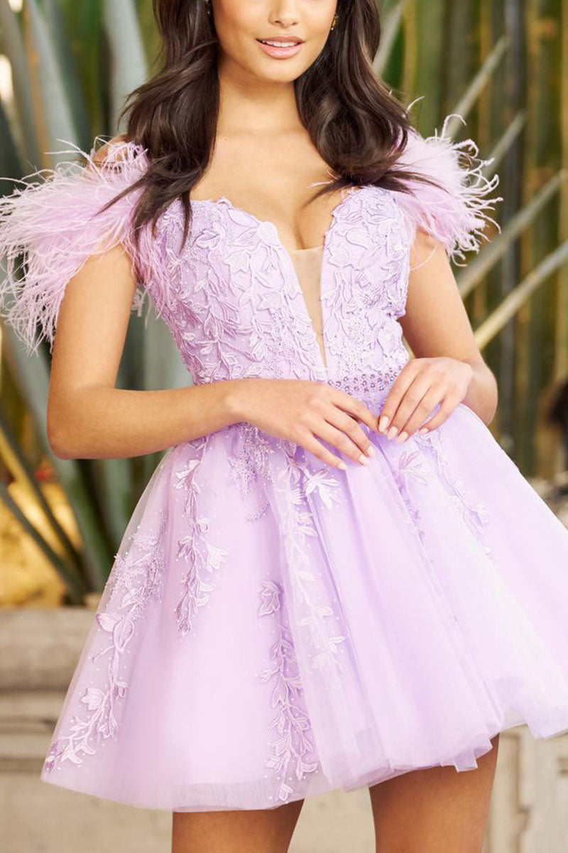 H5121 - Low V-Neck Off-Shoulder Appliqued Feather A-Line Homecoming Dress