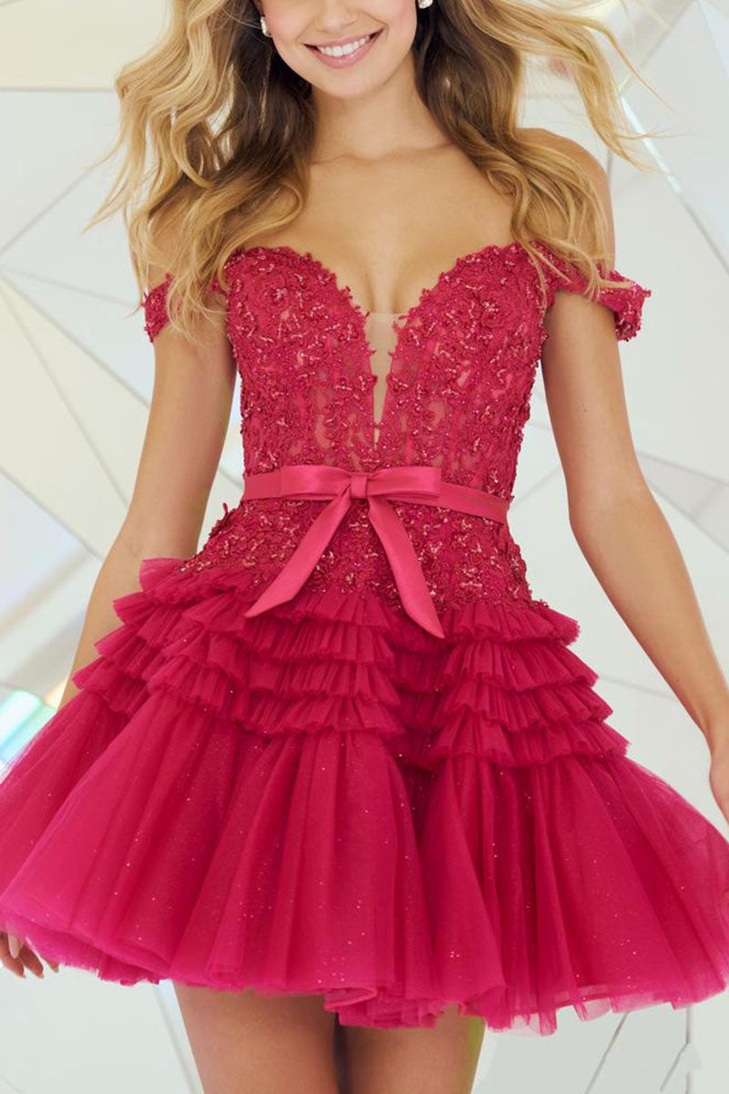 H5124 - Low V-Neck Off-Shoulder Appliqued Tulle A-Line Homecoming Dress