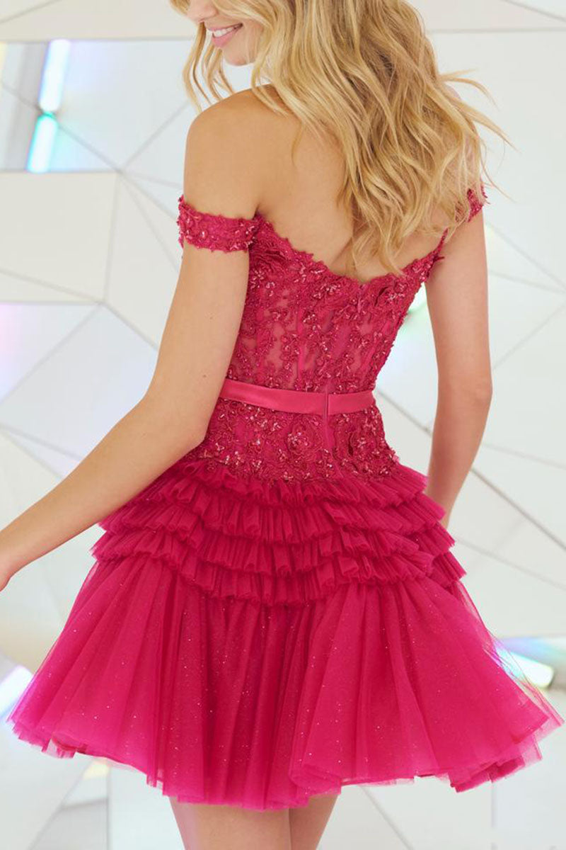 H5124 - Low V-Neck Off-Shoulder Appliqued Tulle A-Line Homecoming Dress