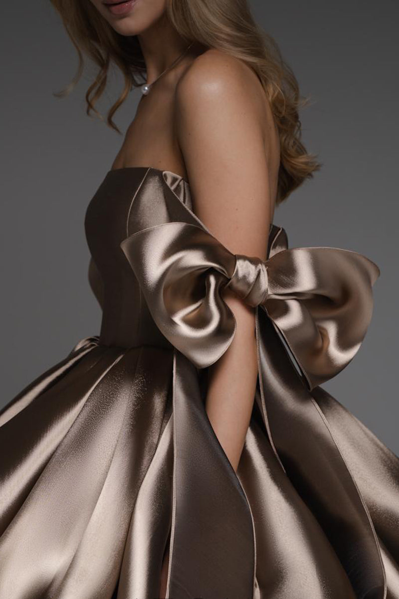 H5126 - Off-Shoulder Sleeveless Ruched Satin A-Line Mini Homecoming Dress With Bows