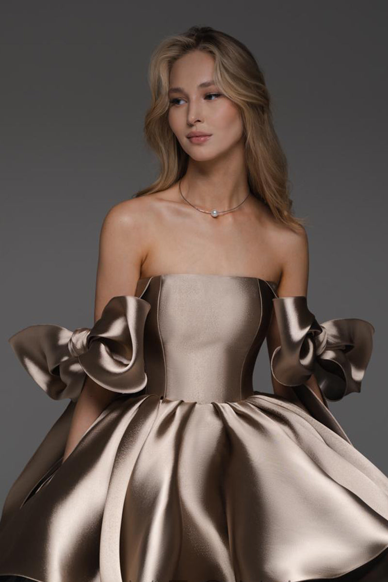 H5126 - Off-Shoulder Sleeveless Ruched Satin A-Line Mini Homecoming Dress With Bows