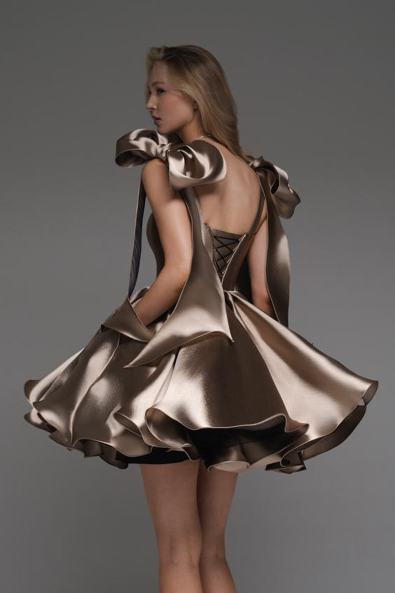 H5126 - Off-Shoulder Sleeveless Ruched Satin A-Line Mini Homecoming Dress With Bows