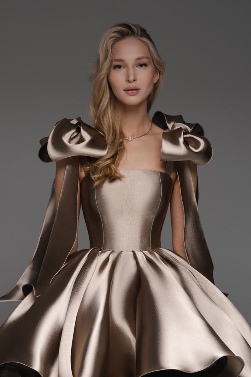 H5126 - Off-Shoulder Sleeveless Ruched Satin A-Line Mini Homecoming Dress With Bows