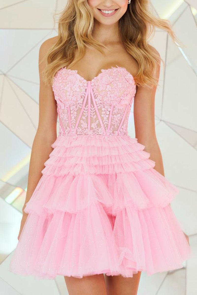 H5127 - Sweetheart Strapless Appliqued Sheer A-Line Mini Homecoming Dress