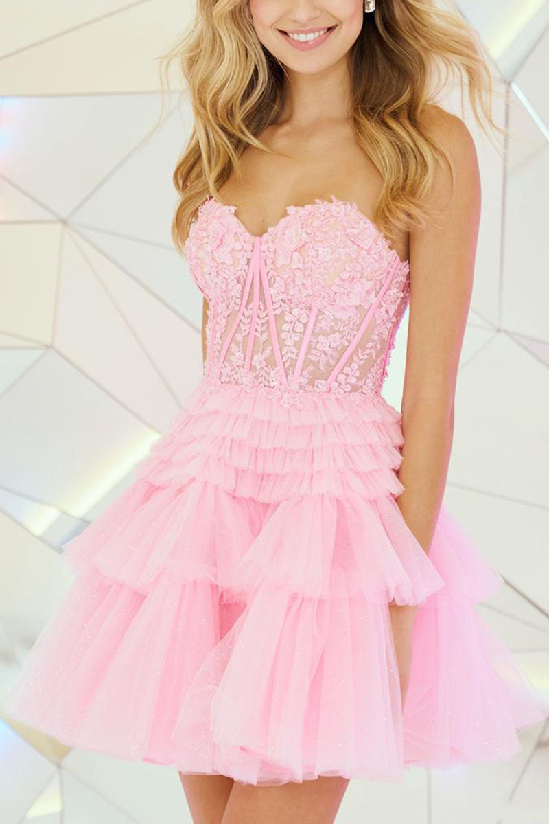 H5127 - Sweetheart Strapless Appliqued Sheer A-Line Mini Homecoming Dress