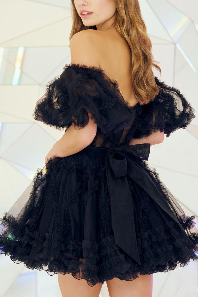 H5132 - Sweetheart Off-Shoulder Sheer Tulle A-Line Mini Homecoming Dress