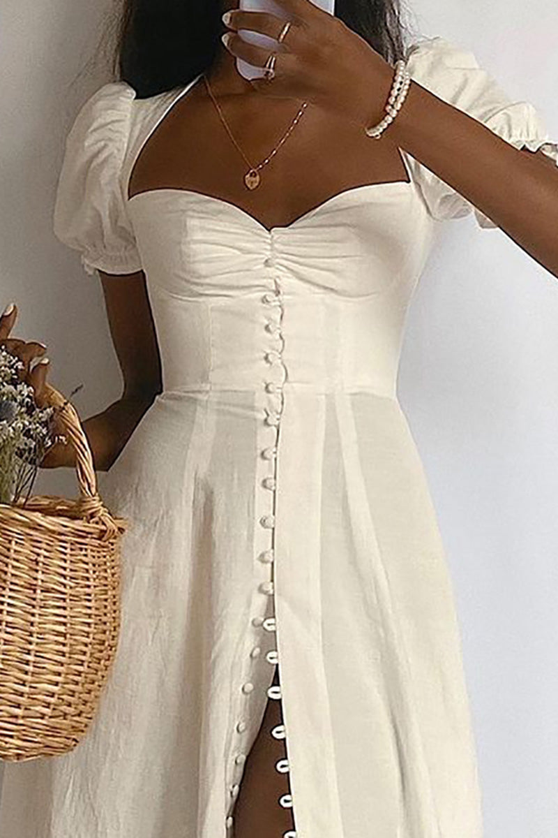 H5179 - Simple White Short Puff Sleeves A-Line Satin Midi Homecoming Dress