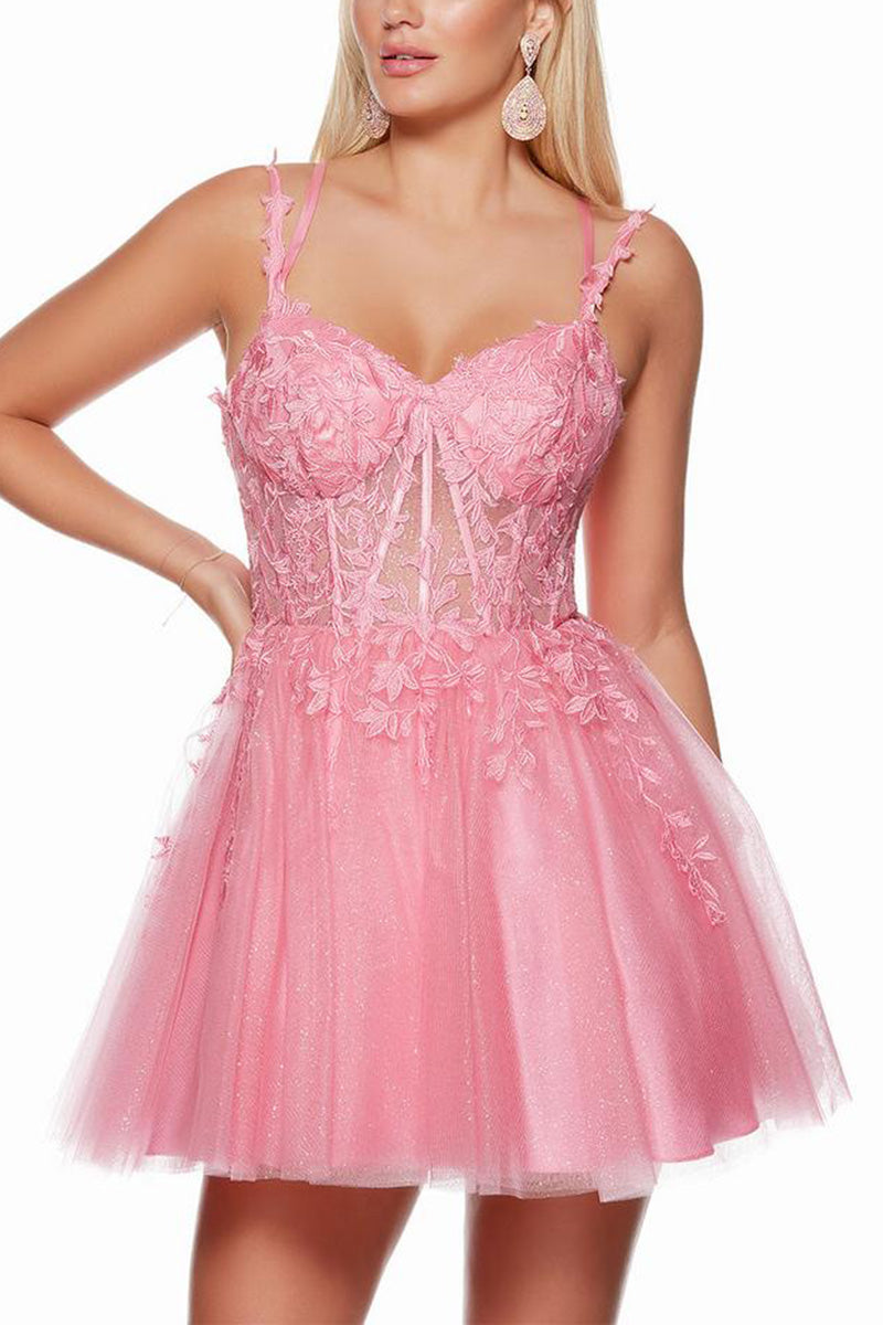 H5183 - Sweetheart Appliqued Sheer Tulle A-Line Mini Homecoming Dress