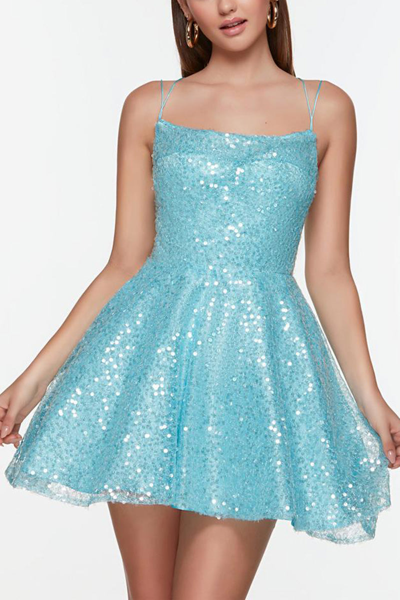 H5184 - Square Neck Spaghetti Straps Sequined A-Line Mini Homecoming Dress