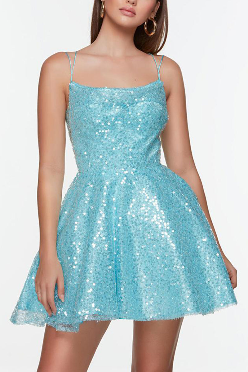 H5184 - Square Neck Spaghetti Straps Sequined A-Line Mini Homecoming Dress