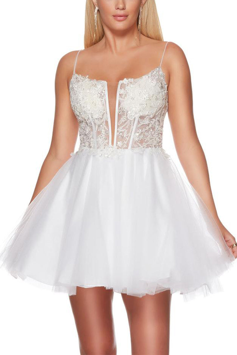 H5185 - Low V-Neck Lace Appliqued Sheer Tulle A-Line Mini Homecoming Dress