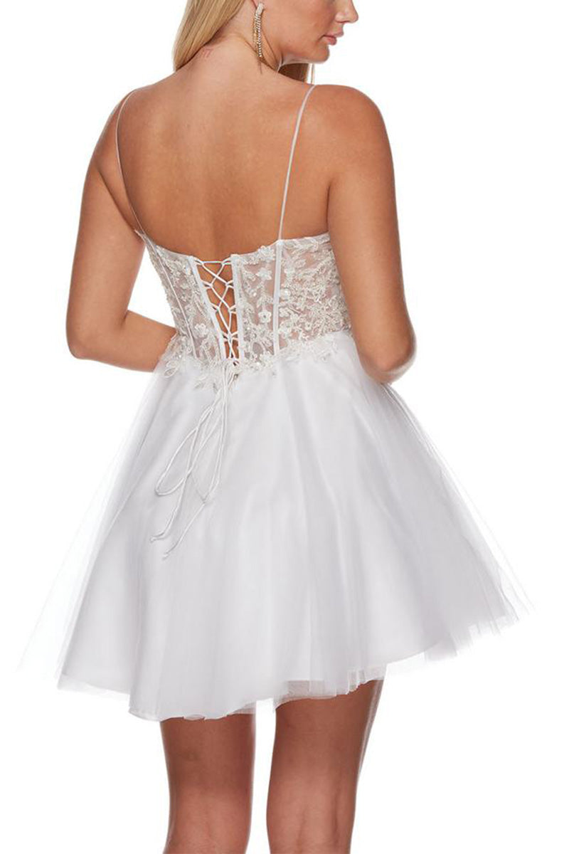 H5185 - Low V-Neck Lace Appliqued Sheer Tulle A-Line Mini Homecoming Dress