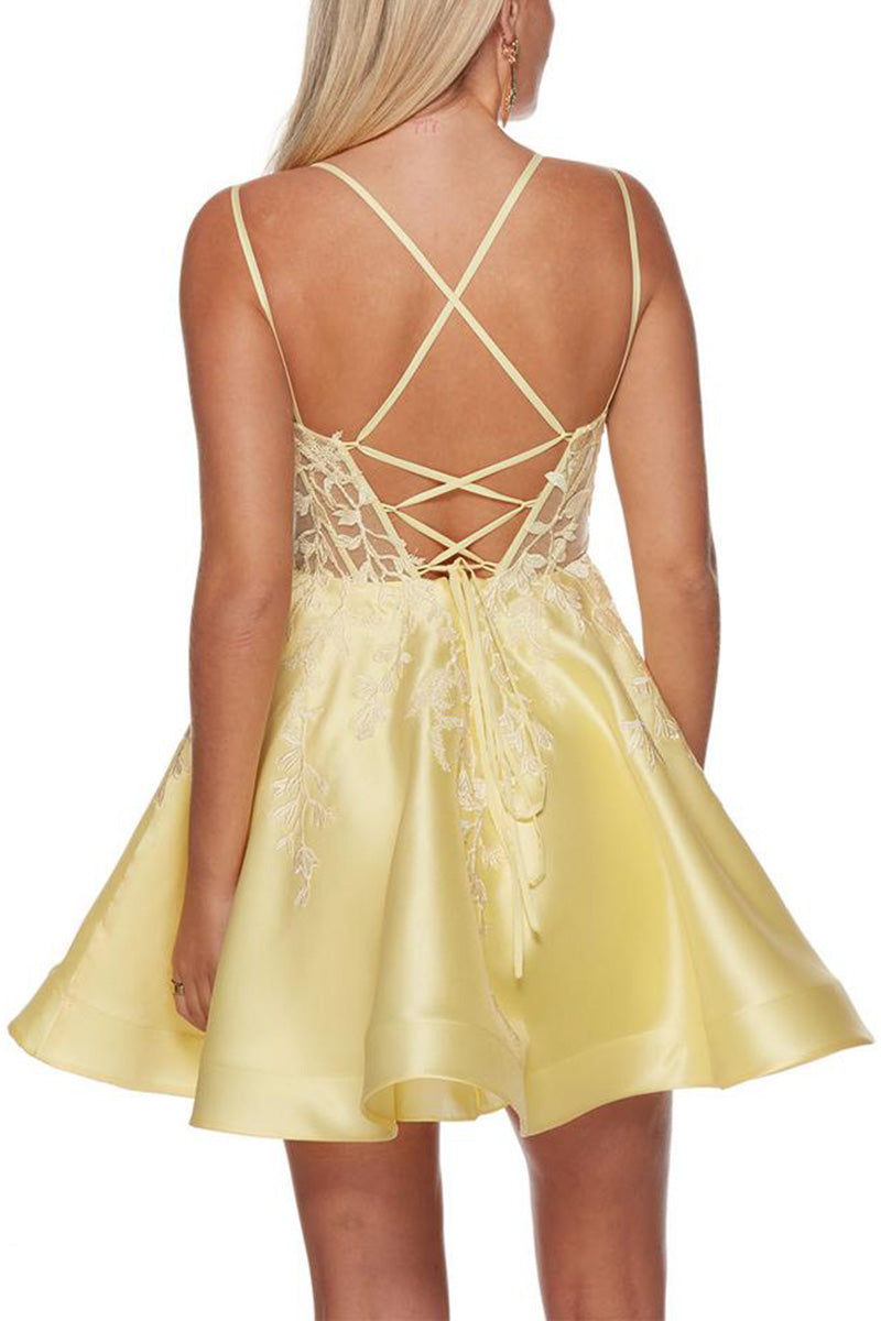 H5186 - V-Neck Lace Appliqued Sheer Tulle A-Line Mini Homecoming Dress