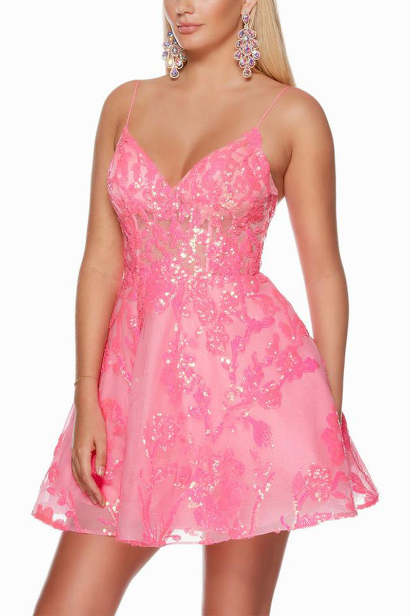 H5187 - V-Neck Spaghetti Straps Sequined Appliqued A-Line Mini Homecoming Dress