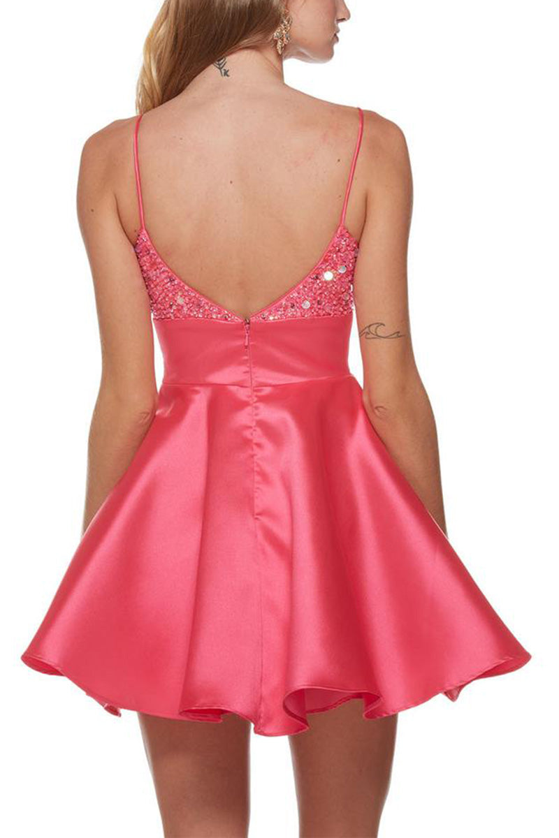 H5188 - V-Neck Spaghetti Straps Sequined Satin A-Line Mini Homecoming Dress