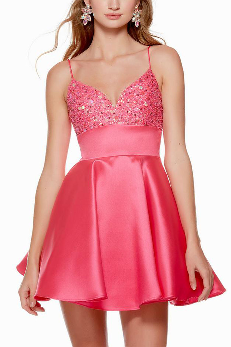 H5188 - V-Neck Spaghetti Straps Sequined Satin A-Line Mini Homecoming Dress