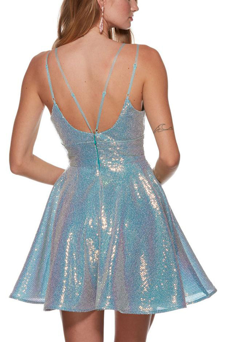 H5189 - Sparkly V-Neck Spaghetti Straps Sequined A-Line Mini Homecoming Dress