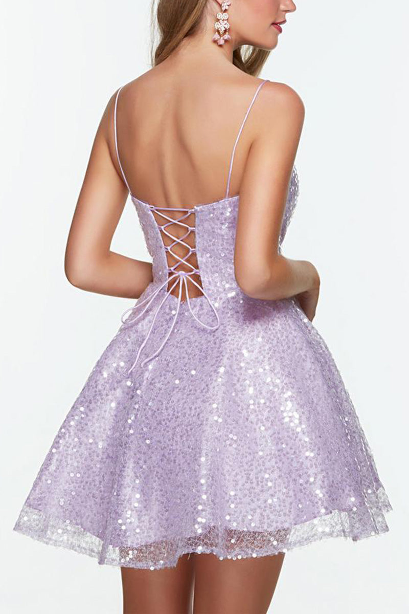 H5192 - V-Neck Spaghetti Straps Sequined Tulle A-Line Mini Homecoming Dress