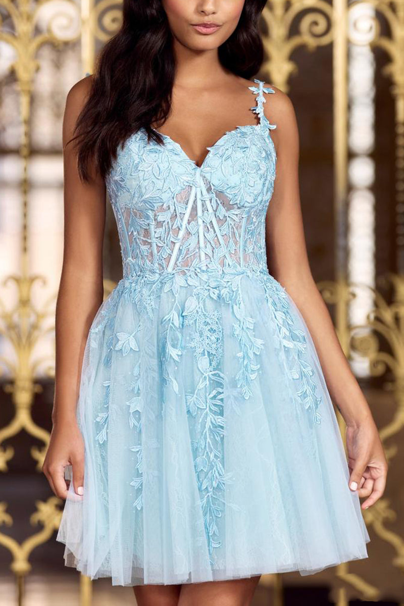 H5281 - Sweetheart Lace Appliqued Sheer Tulle A-Line Mini Homecoming Dress