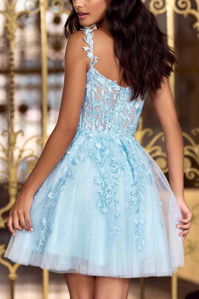 H5281 - Sweetheart Lace Appliqued Sheer Tulle A-Line Mini Homecoming Dress