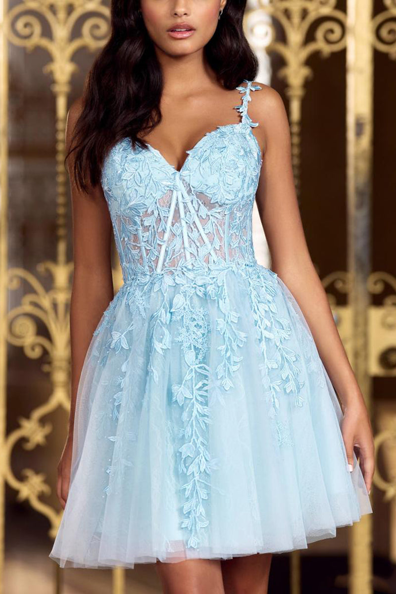 H5281 - Sweetheart Lace Appliqued Sheer Tulle A-Line Mini Homecoming Dress