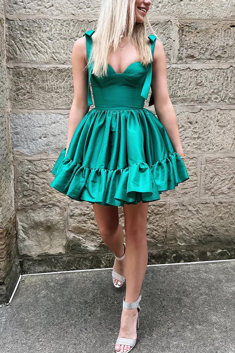 H5286 - Sweetheart Sleeveless Pleated Satin Mini Homecoming Dress With Bows