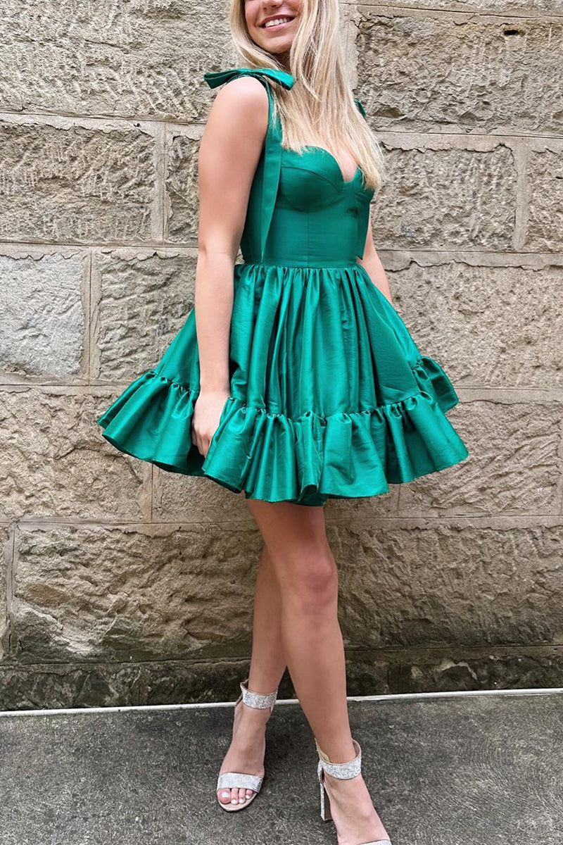 H5286 - Sweetheart Sleeveless Pleated Satin Mini Homecoming Dress With Bows