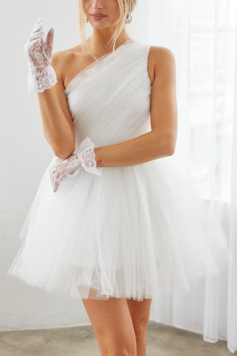 H5301 - One Shoulder Ruched Tulle Sheer A-Line Mini Homecoming Dress