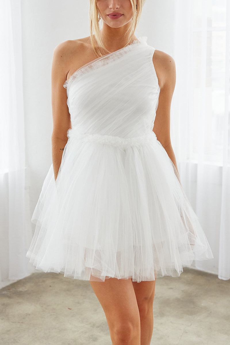 H5301 - One Shoulder Ruched Tulle Sheer A-Line Mini Homecoming Dress